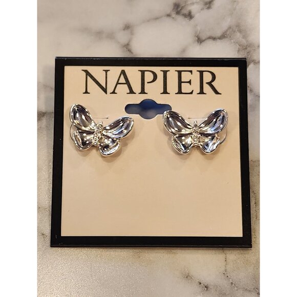 Napier Butterfly Shaped Silver-Tone Stud Earrings With Clear Crystal Accents - Picture 1 of 5